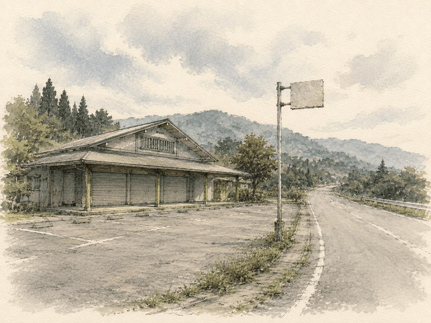 交通量が減り静かになった旧道沿いの道の駅を描いた水彩イラスト