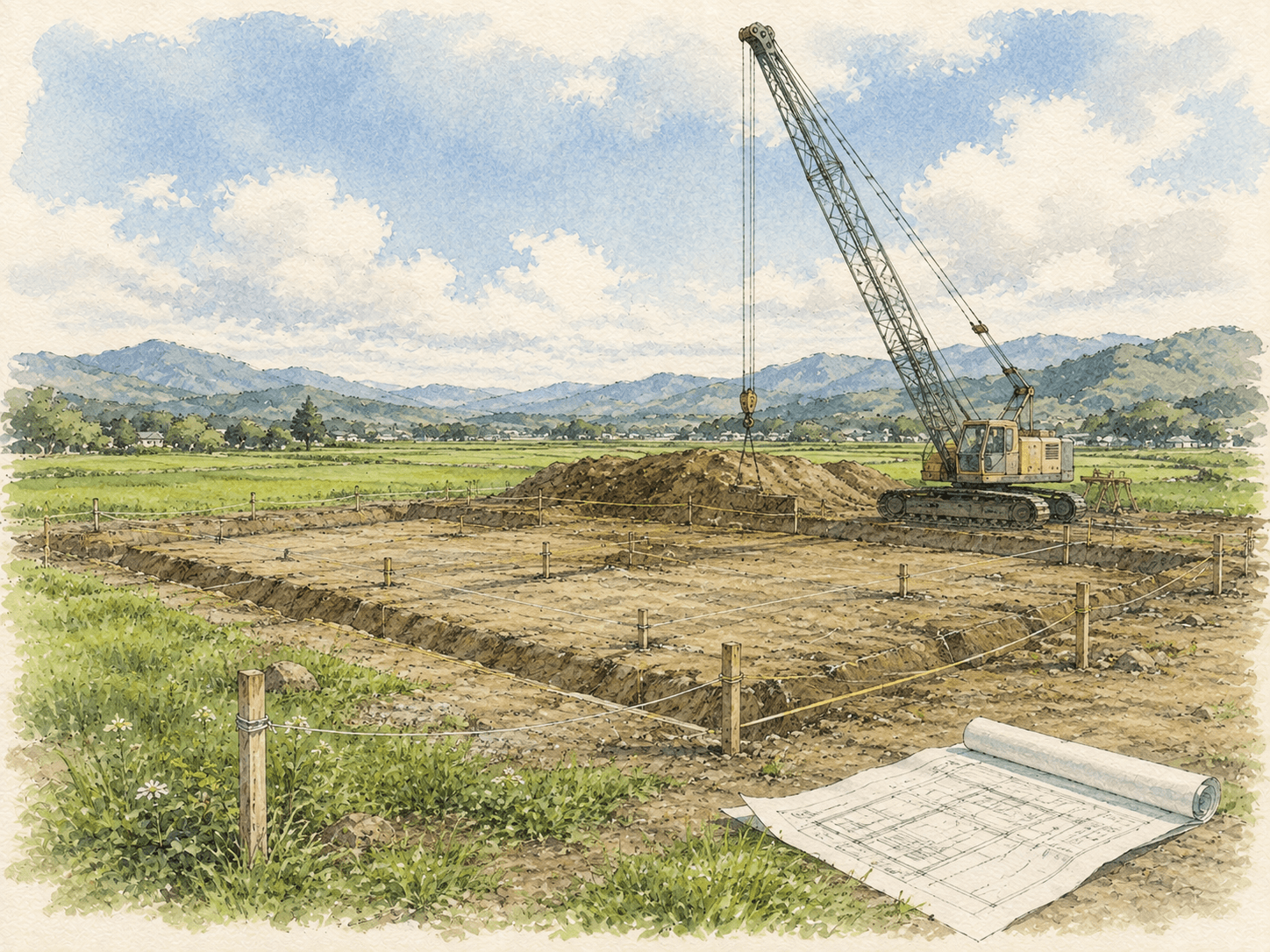 造成から建築へと進む工事の様子を描いた水彩イラスト