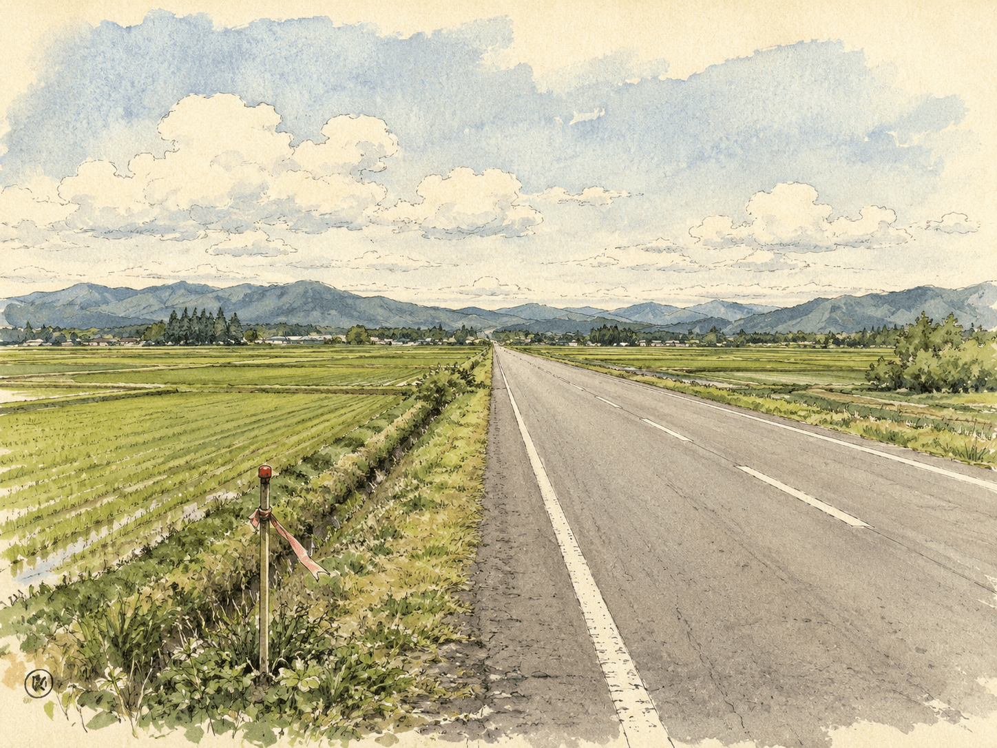 国道269号沿いの予定地まわりの田園風景を描いた水彩イラスト